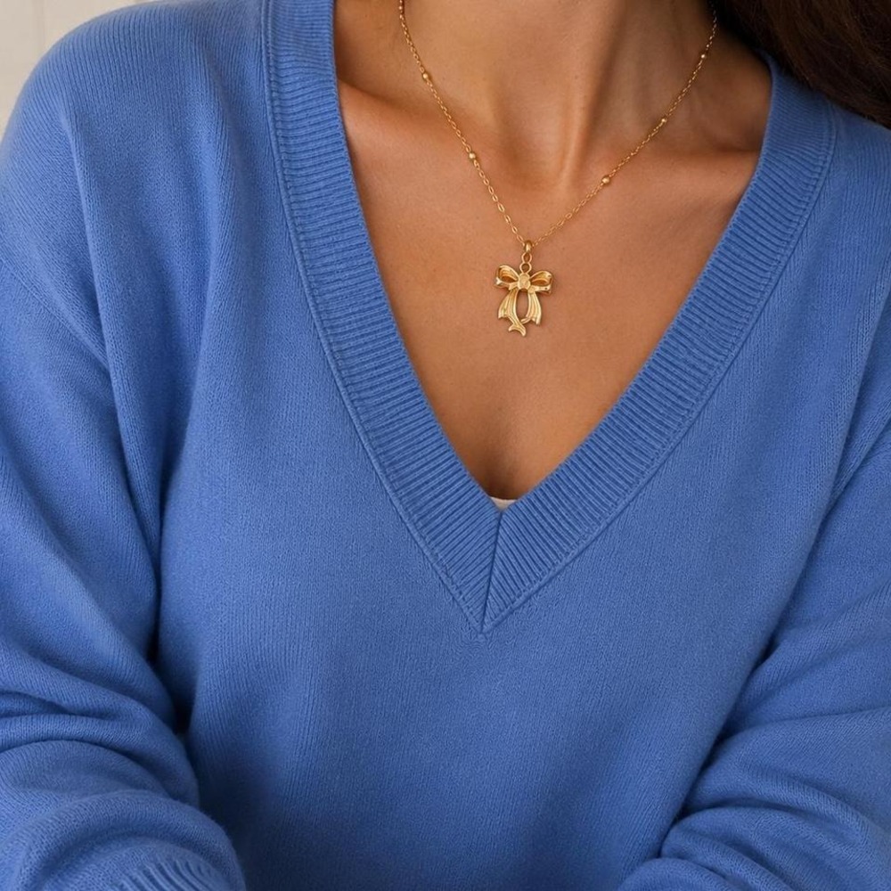 Gold Bow Pendant Necklace Beaded Chain Coquette Old Money‎ Y2K Coquette